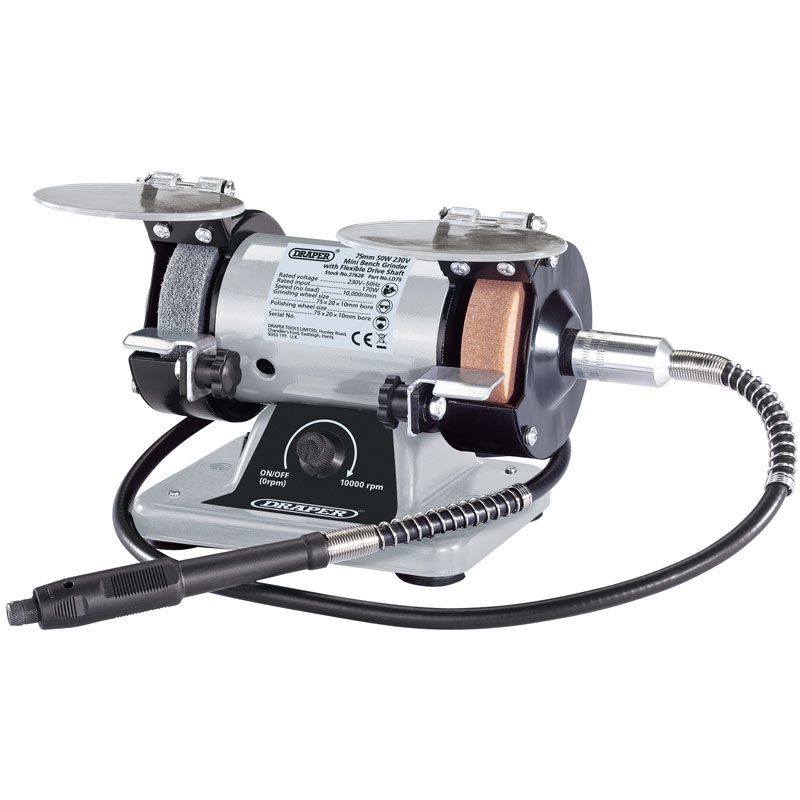 Draper Tools 75mm Mini Bench Grinder with Flexible Drive Shaft and Box of Accessories 150W CLCTech Australia